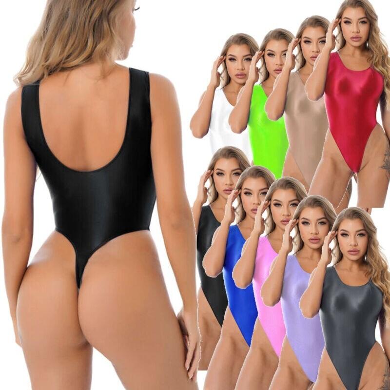 Women Glossy Sleeveless Bodysuit High Cut Swimsuit Bikini Thongs Jumpsuits