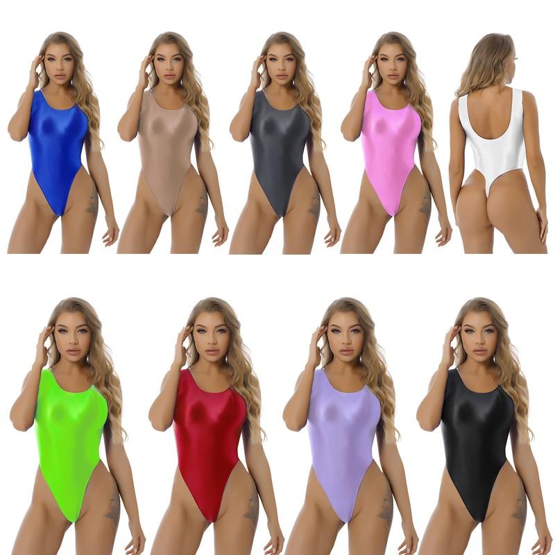 Women Glossy Sleeveless Bodysuit High Cut Swimsuit Bikini Thongs Jumpsuits