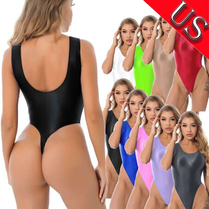 Women Glossy Sleeveless Bodysuit High Cut Swimsuit Bikini Thongs Jumpsuits