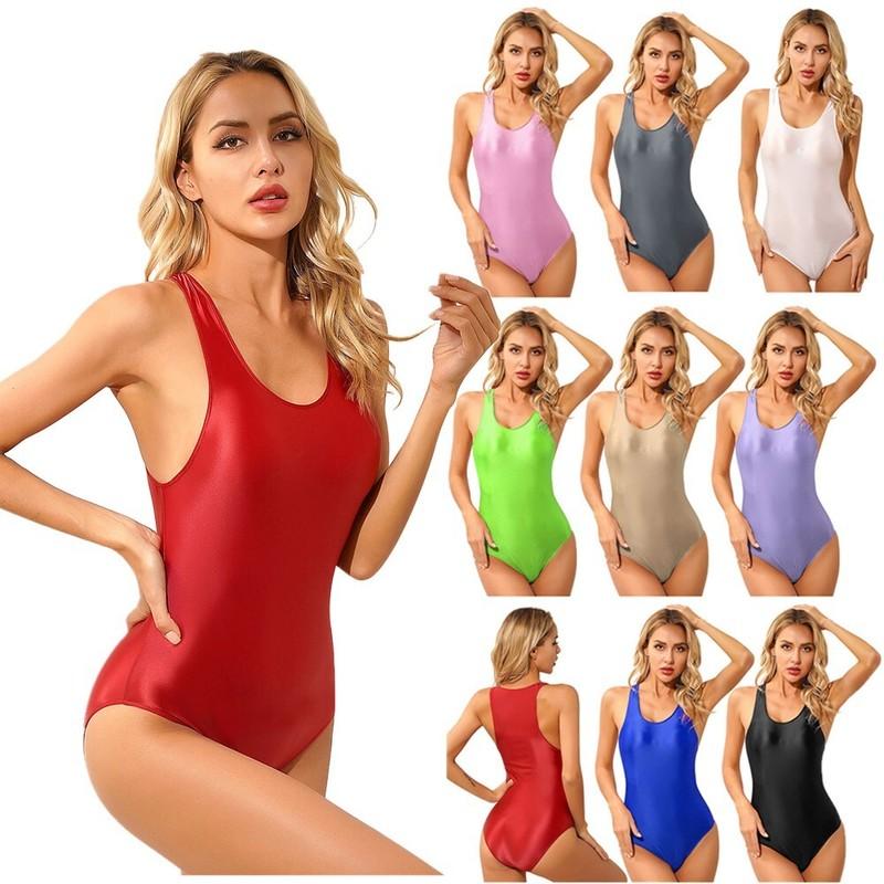 Women Glossy Sleeveless Bodysuit Leotard One-piece Monikini Swimsuit Beachwear