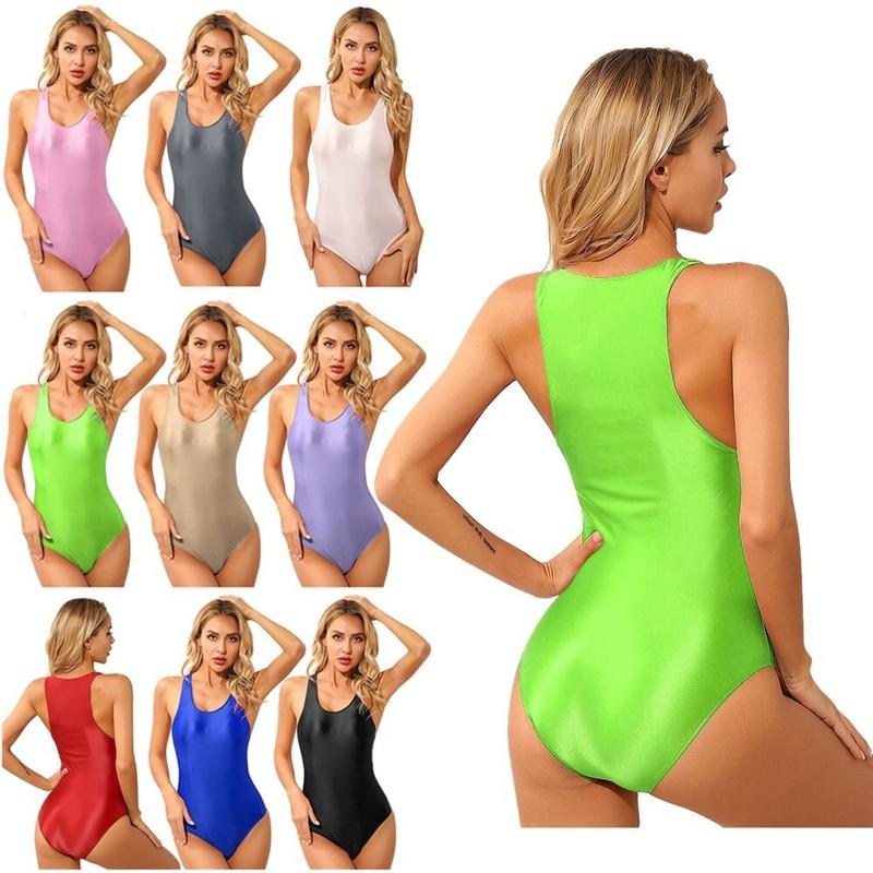 Women Glossy Sleeveless Bodysuit Leotard One-piece Monikini Swimsuit Beachwear