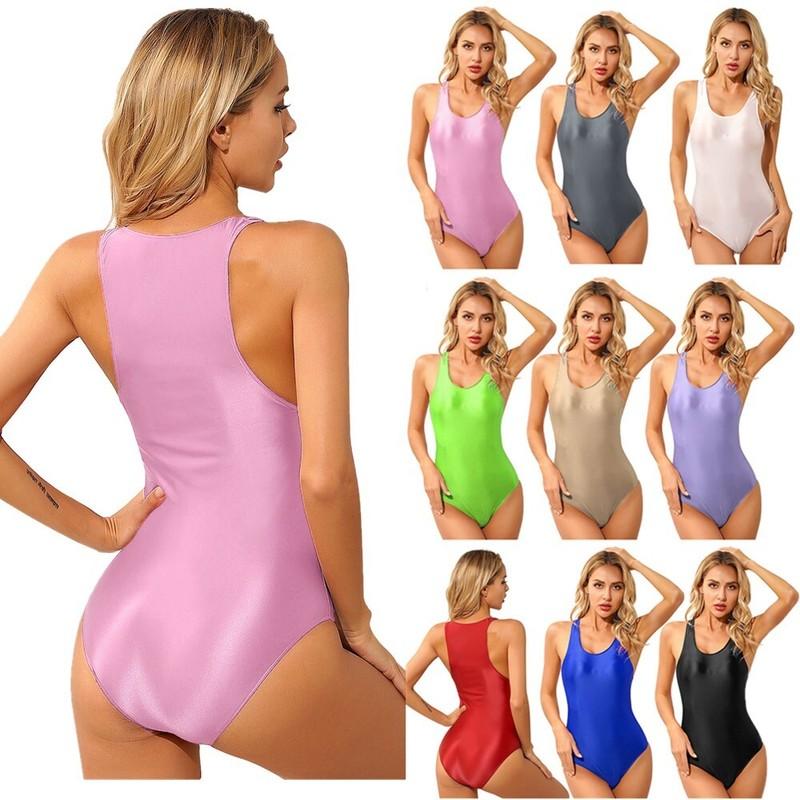 Women Glossy Sleeveless Bodysuit Leotard One-piece Monikini Swimsuit Beachwear