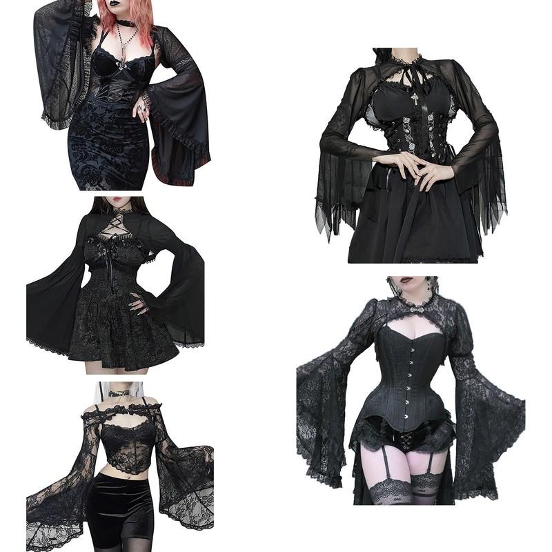 Women Gothic Lace Flare Sleeve Cardigan Sexy Crop Top Cover Up Shawl Clubwear