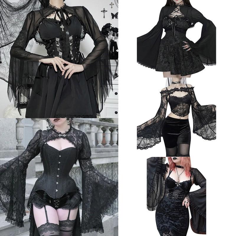 Women Gothic Lace Flare Sleeve Cardigan Sexy Crop Top Cover Up Shawl Clubwear