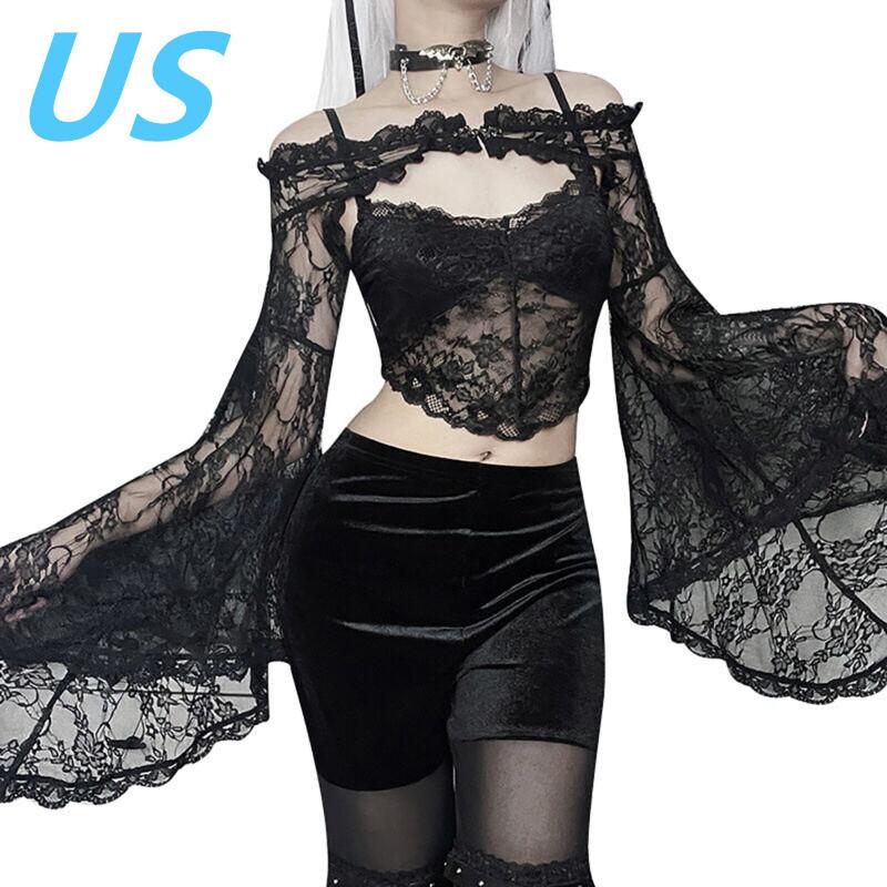 Women Gothic Lace Flare Sleeve Cardigan Sexy Crop Top Cover Up Shawl Clubwear