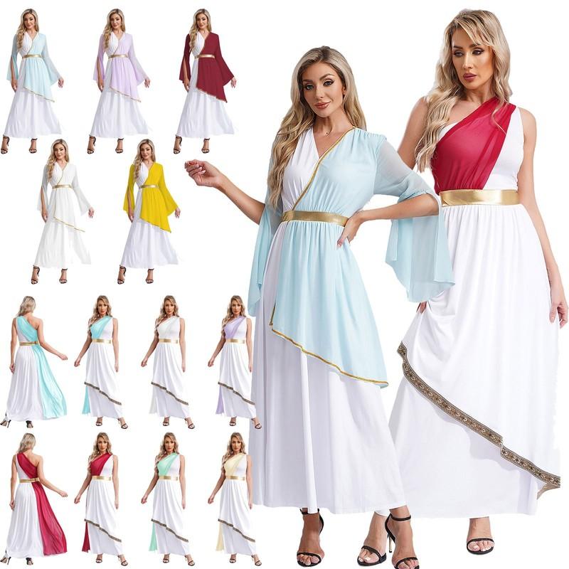 Women Greek Costume Ladies Long Sleeve Jumpsuit Contrast Dress Halloween Parties