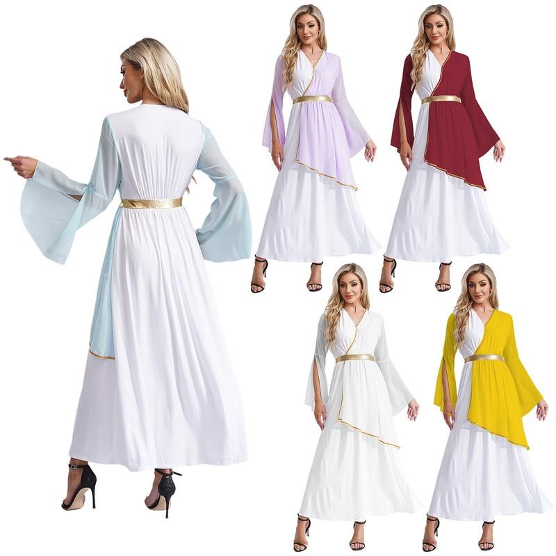 Women Greek Costume Ladies Long Sleeve Jumpsuit Contrast Dress Halloween Parties