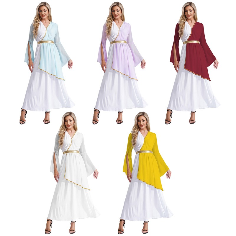 Women Greek Costume Ladies Long Sleeve Jumpsuit Contrast Dress Halloween Parties