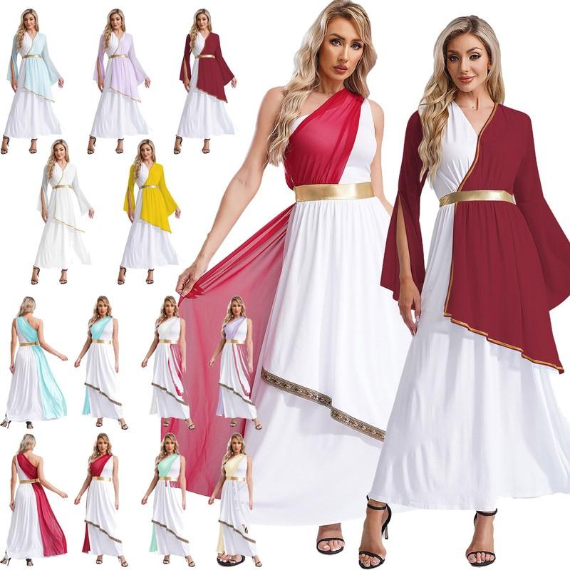 Women Greek Costume Ladies Long Sleeve Jumpsuit Contrast Dress Halloween Parties
