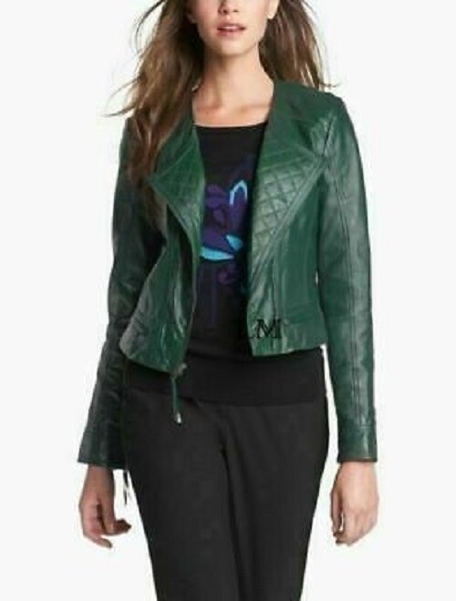 Women Green Leather Jacket Genuine Lambskin Real Biker Motorcycle Slim Fit Coat