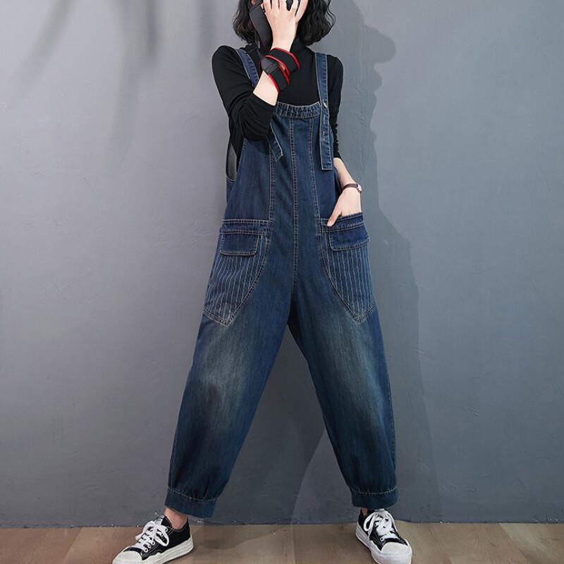 Women Jeans Denim Bib Overalls Jumpsuit Pocket Loose Straight Pants Workwear