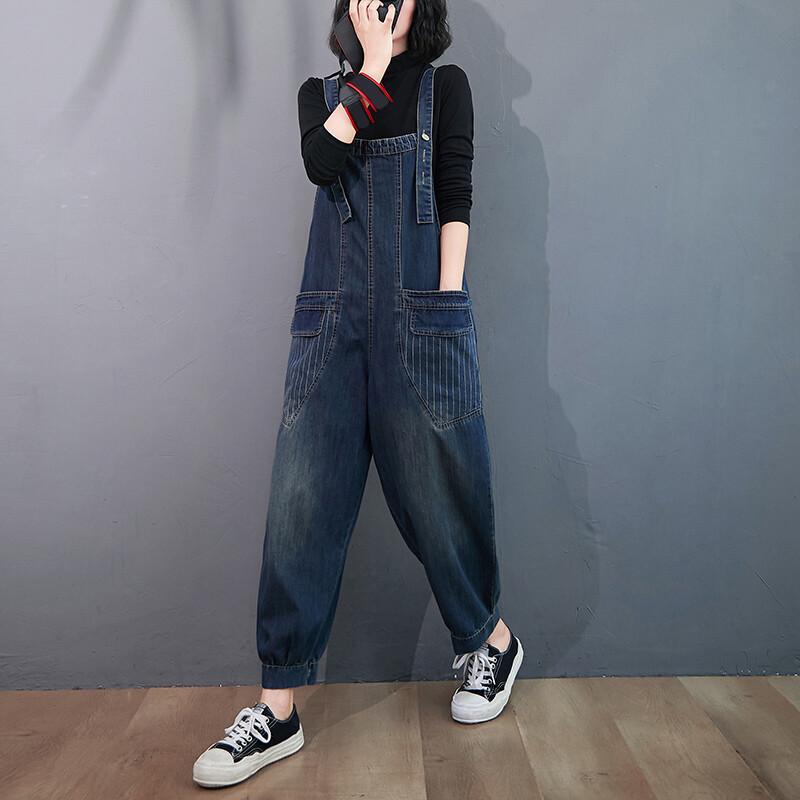 Women Jeans Denim Bib Overalls Jumpsuit Pocket Loose Straight Pants Workwear
