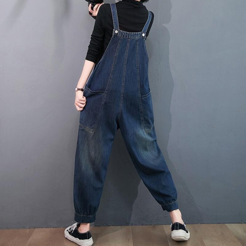 Women Jeans Denim Bib Overalls Jumpsuit Pocket Loose Straight Pants Workwear
