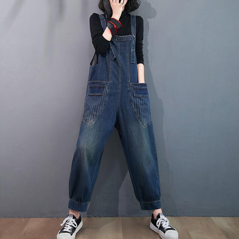 Women Jeans Denim Bib Overalls Jumpsuit Pocket Loose Straight Pants Workwear