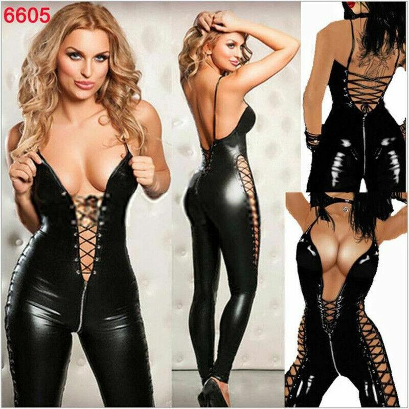 Women Jumpsuit Sexy PU Leather PVC Wetlook Costume Clubwear Bodysuit Catsuit