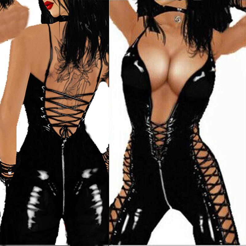 Women Jumpsuit Sexy PU Leather PVC Wetlook Costume Clubwear Bodysuit Catsuit