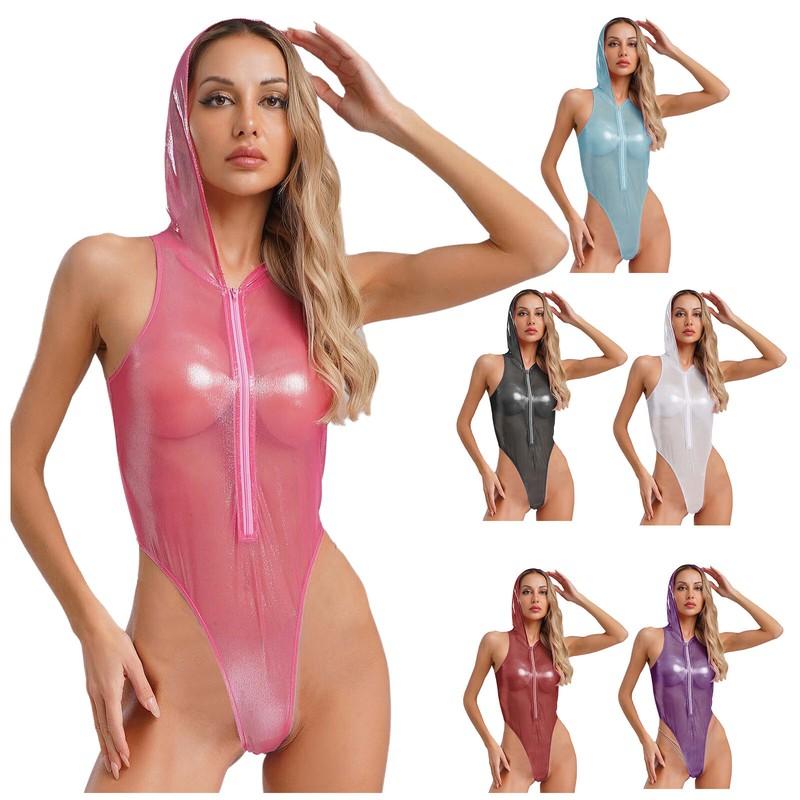 Women Jumpsuit Sheer Leotard Party Catsuit Sleeveless Bodysuit High Cut Adult