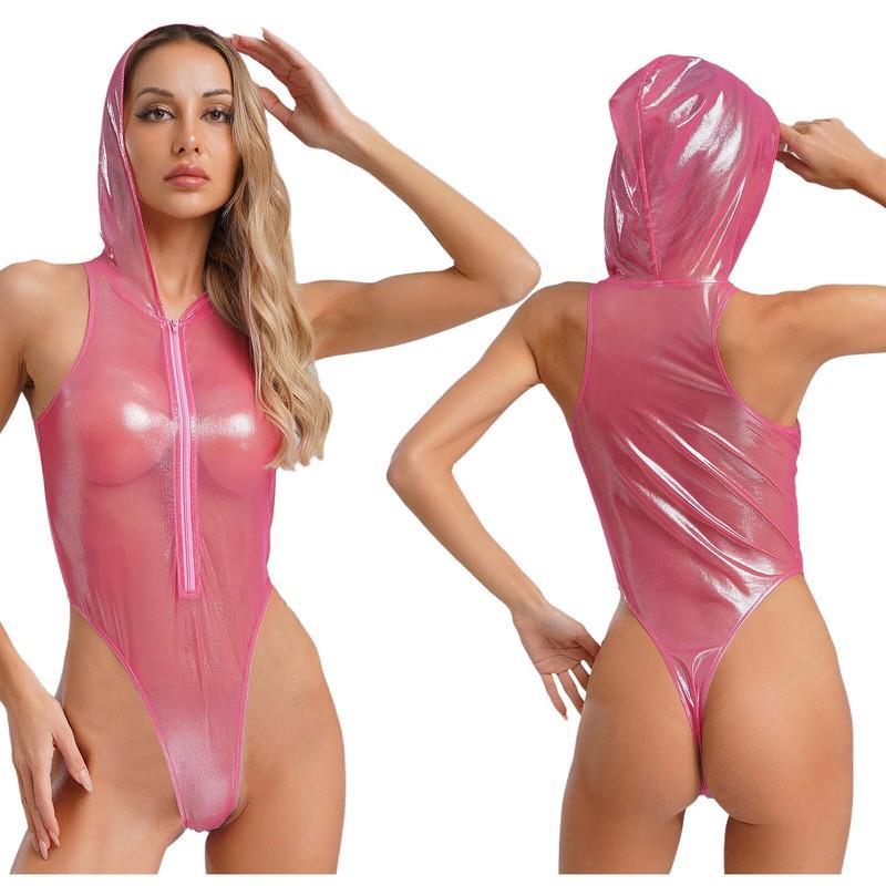 Women Jumpsuit Sheer Leotard Party Catsuit Sleeveless Bodysuit High Cut Adult