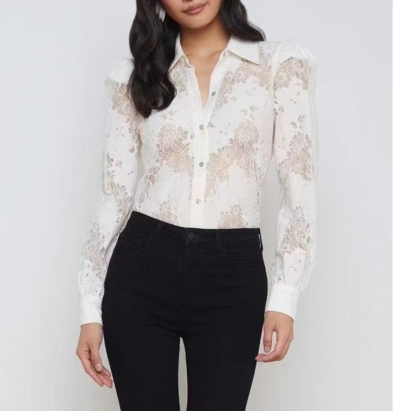 Women L'AGENCE Collared Lace Long Sleeve Blouse Top
