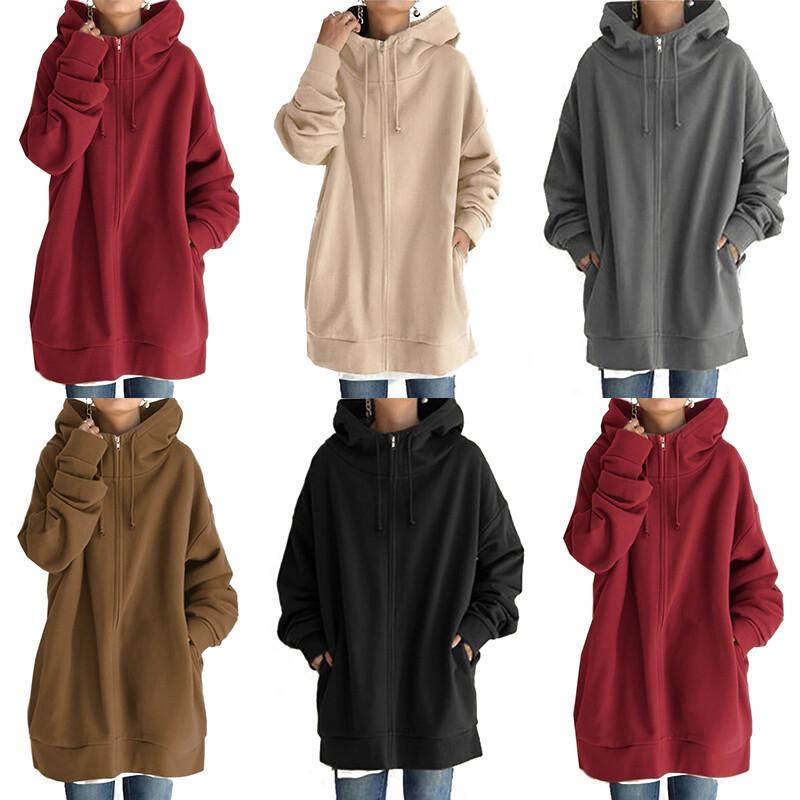 Women Ladies Long Hooded Hoodie Zip Up Pocket Jumper Fleece Coat Sweatshirt Top