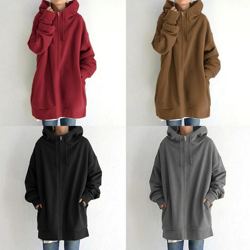 Women Ladies Long Hooded Hoodie Zip Up Pocket Jumper Fleece Coat Sweatshirt Top