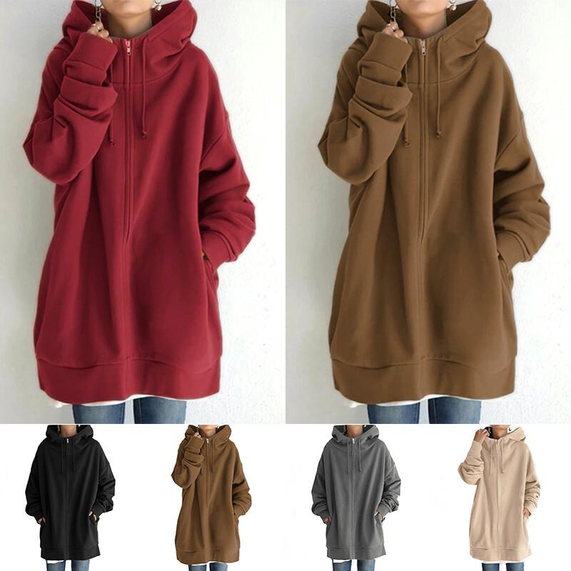 Women Ladies Long Hooded Hoodie Zip Up Pocket Jumper Fleece Coat Sweatshirt Top