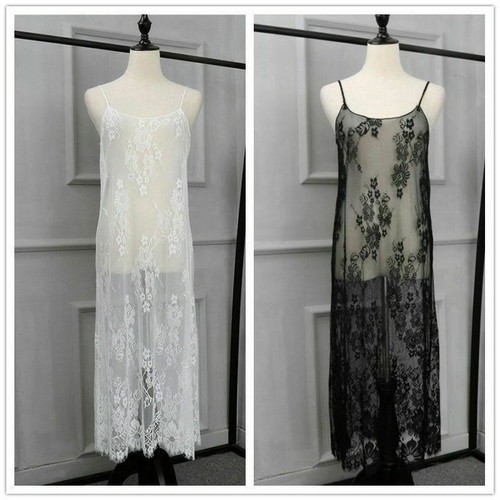 Women Ladies Sexy Floral Lace See Through Sheer Dress Long Strappy Underdress