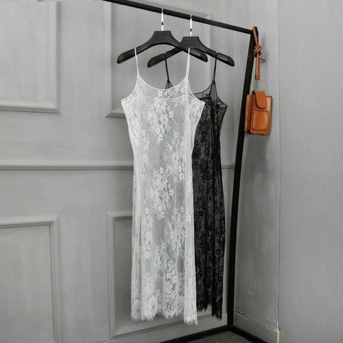 Women Ladies Sexy Floral Lace See Through Sheer Dress Long Strappy Underdress