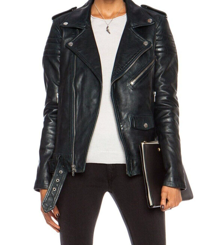 Women Leather Jacket Soft Genuine Lambskin Black Leather Belted Moto Jacket