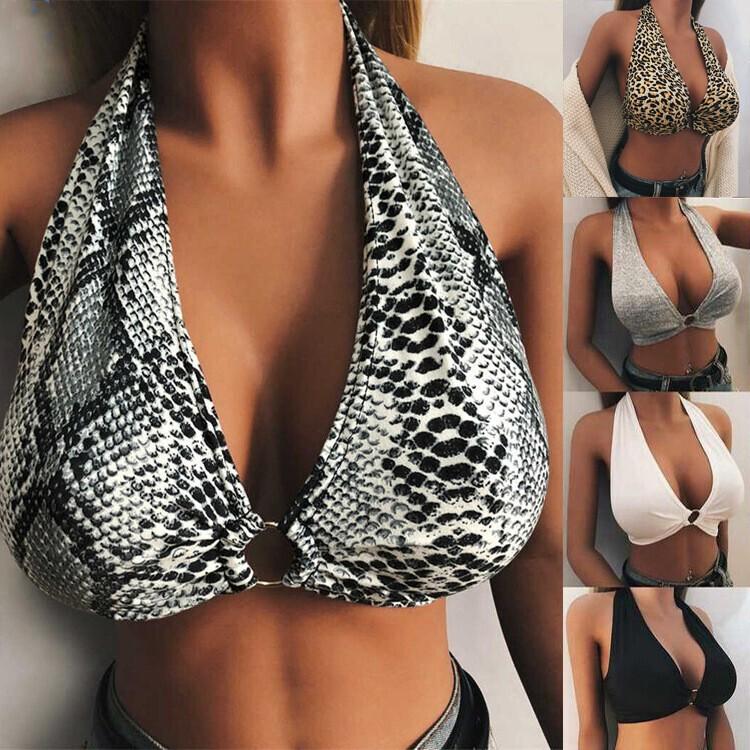 Women Leopard Halter Neck Vest Crop Top Bralet Bandage Club Bra Tank Cami Sexy