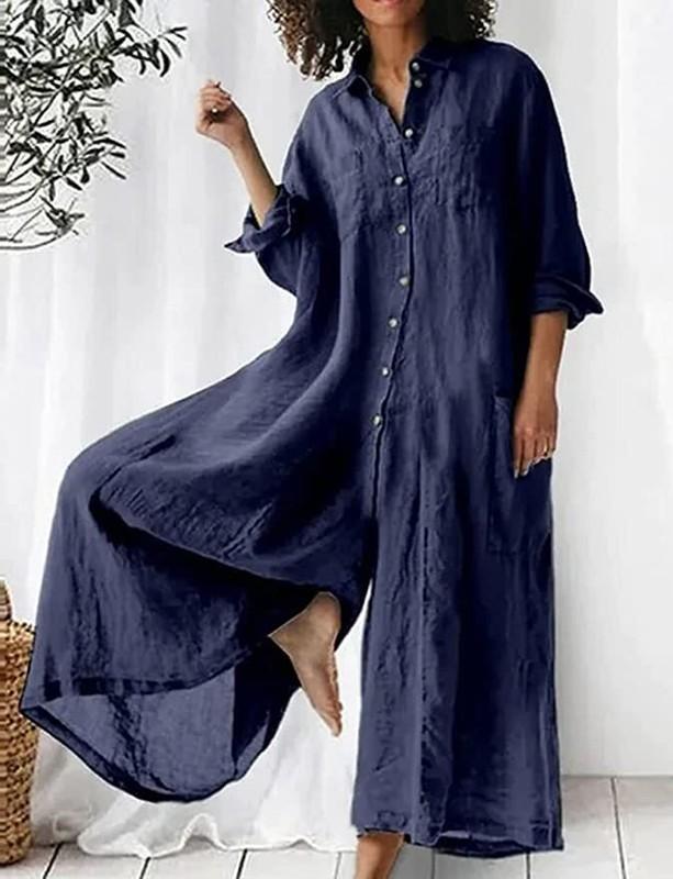Women Linen Button Down Long Sleeve Wide Leg Jumpsuit Beach Palazzo Pants