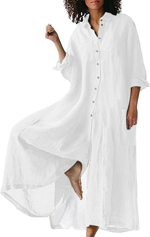 Women Linen Button Down Long Sleeve Wide Leg Jumpsuit Beach Palazzo Pants