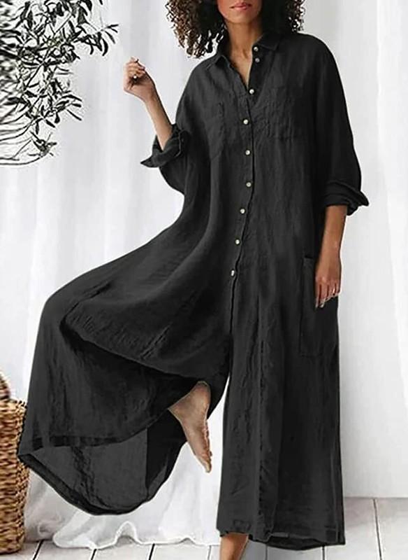Women Linen Button Down Long Sleeve Wide Leg Jumpsuit Beach Palazzo Pants
