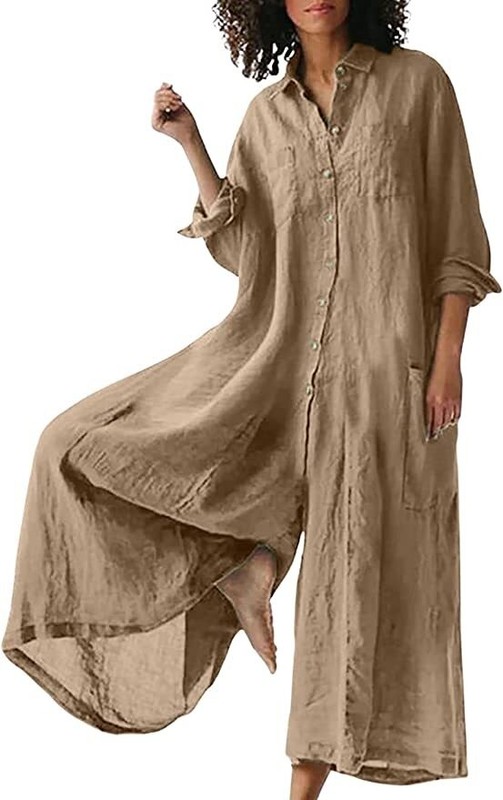 Women Linen Button Down Long Sleeve Wide Leg Jumpsuit Beach Palazzo Pants