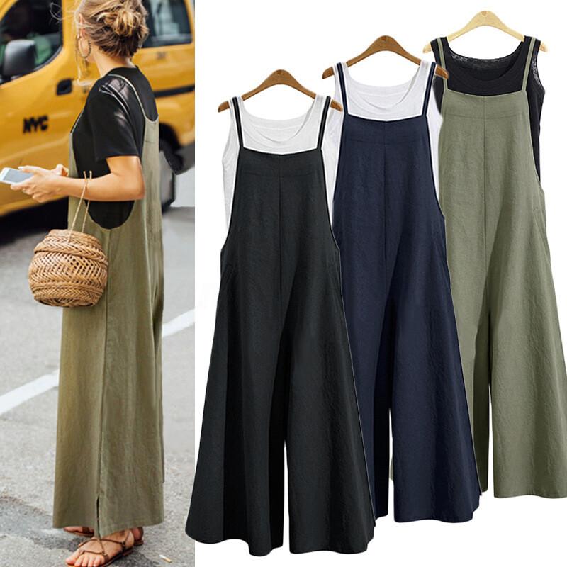 Women Linen Dungarees Jumpsuit Summer Wide Leg Jumpsuit Casual Trouser Suit