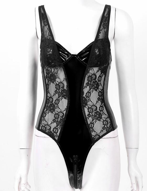 Women Lingerie Lace Crotchless G-string Underwear Babydoll Open Breast Bodysuit