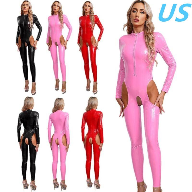 Women Long Sleeve Patent Leather Jumpsuit Crotchless Zipper Bodysuit Catsuit