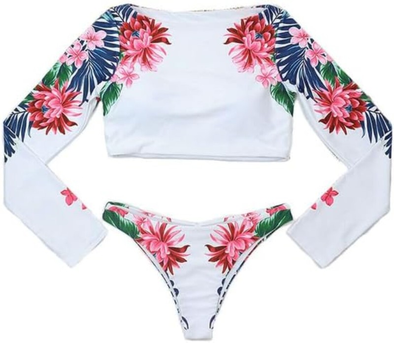 Women Long Sleeve Two Piece Bikini Swimsuit Floral Rash Guard Bathing Suit