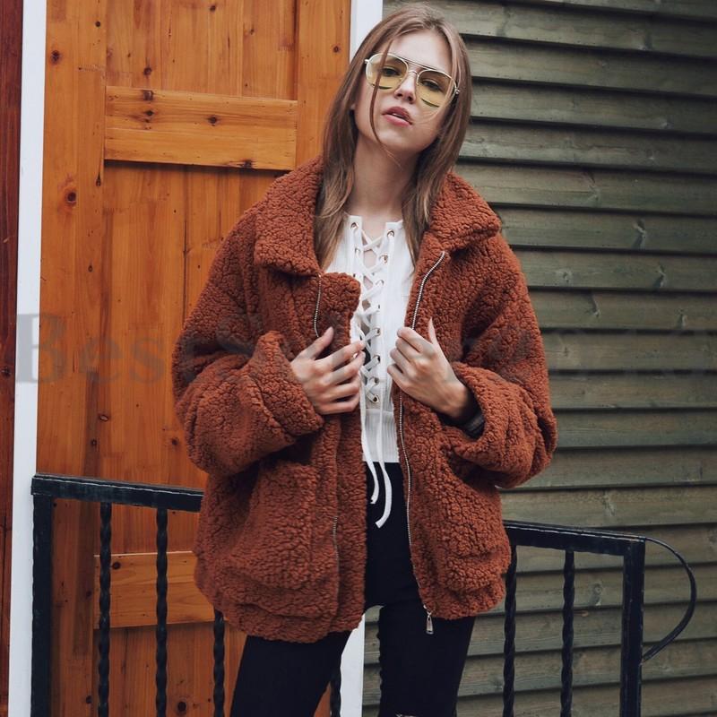 Women Long Sleeve Zip Up Faux Shearling Shaggy Oversize Coat Jacket With Pocket