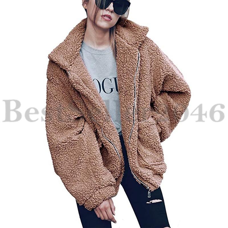 Women Long Sleeve Zip Up Faux Shearling Shaggy Oversize Coat Jacket With Pocket