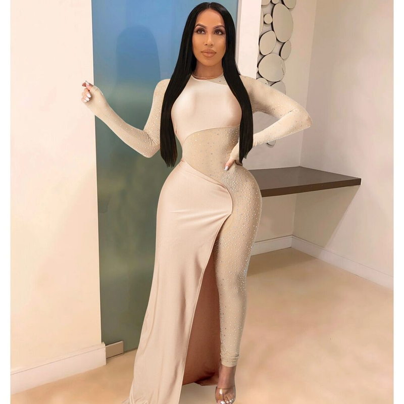 Women Long Sleeves Mesh Rhinestones Patchwork Bodycon Club Party Dress Jumpsuit