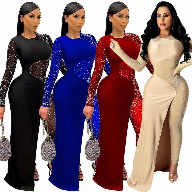Women Long Sleeves Mesh Rhinestones Patchwork Bodycon Club Party Dress Jumpsuit