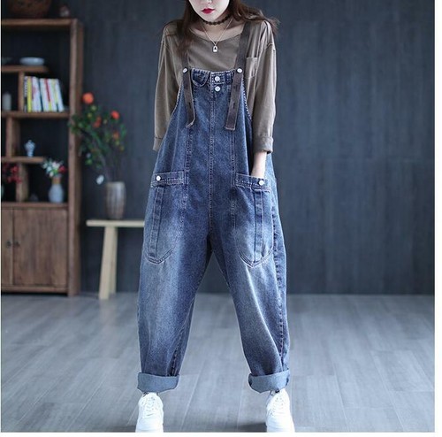 Women Loose Cotton Bib Overalls Baggy Rompers Denim Suspender New Jeans Jumpsuit