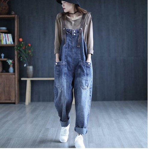 Women Loose Cotton Bib Overalls Baggy Rompers Denim Suspender New Jeans Jumpsuit