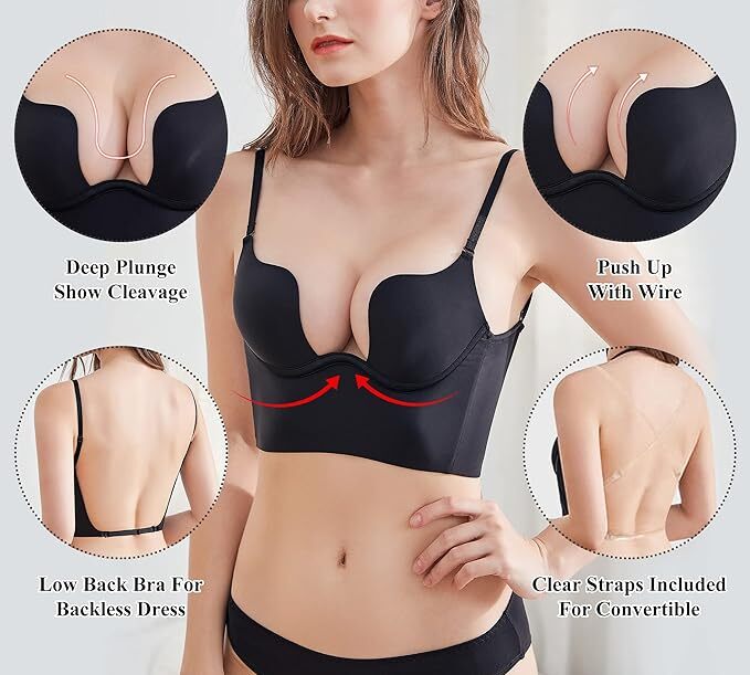 Women Low Back Bra Deep U Plunge Backless Bra Multiway Convertible Low Cut Open