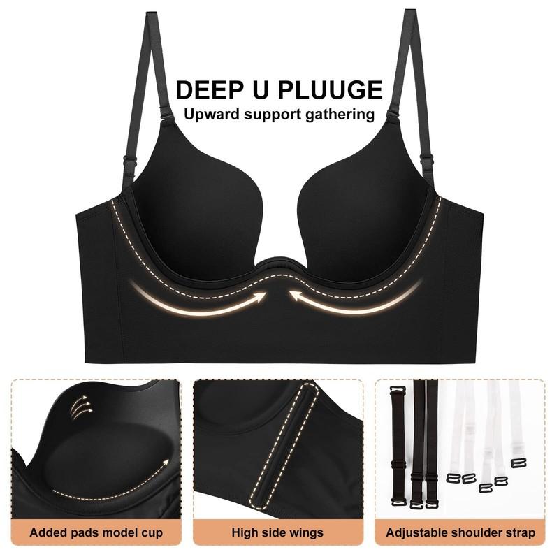 Women Low Back Bra Wire Lifting U Shaped Plunge Backless Bra With Clear Straps