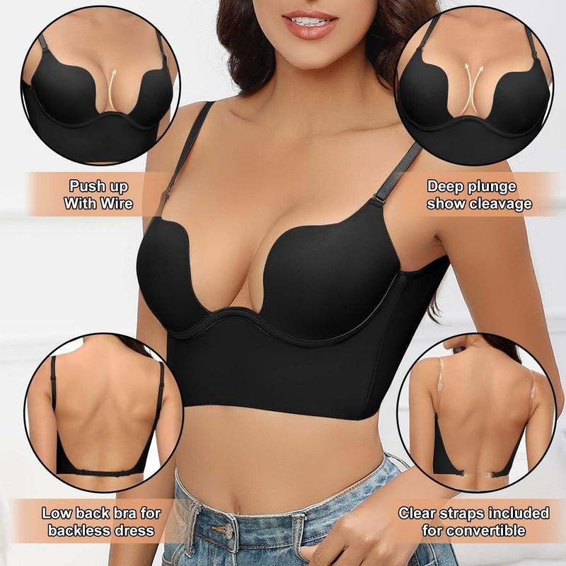 Women Low Back Bra Wire Lifting U Shaped Plunge Backless Bra With Clear Straps
