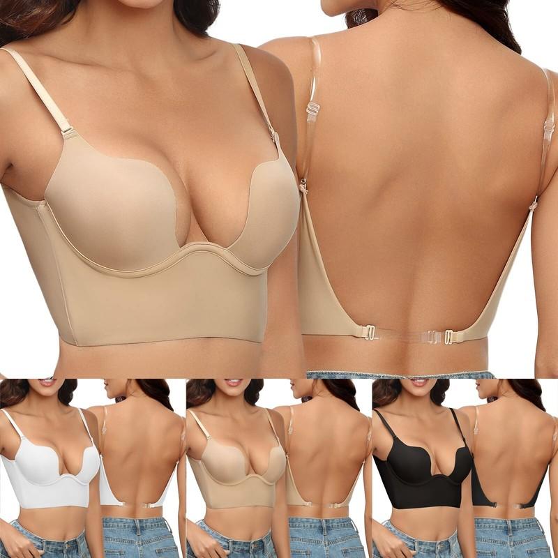 Women Low Back Bra Wire Lifting U Shaped Plunge Backless Bra With Clear Straps