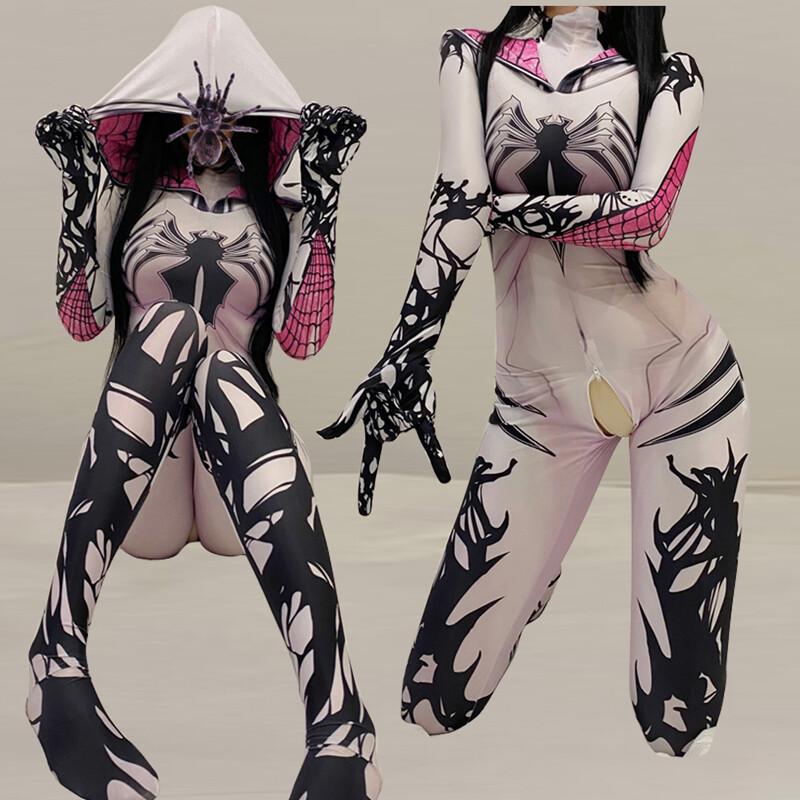 Women Men Zentai Bodysuit HOOD Gloves Zipper Open Crotch Cosplay Anime Costumes
