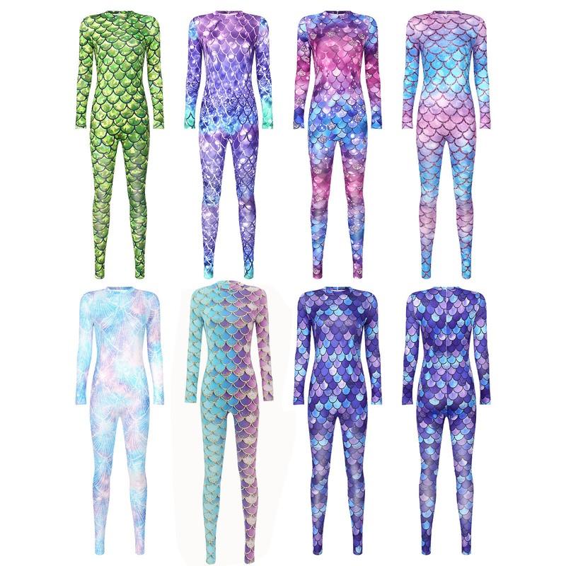 Women Mermaid Fish Scales Printing Full Bodysuit Surfing Jumpsuits Rompers